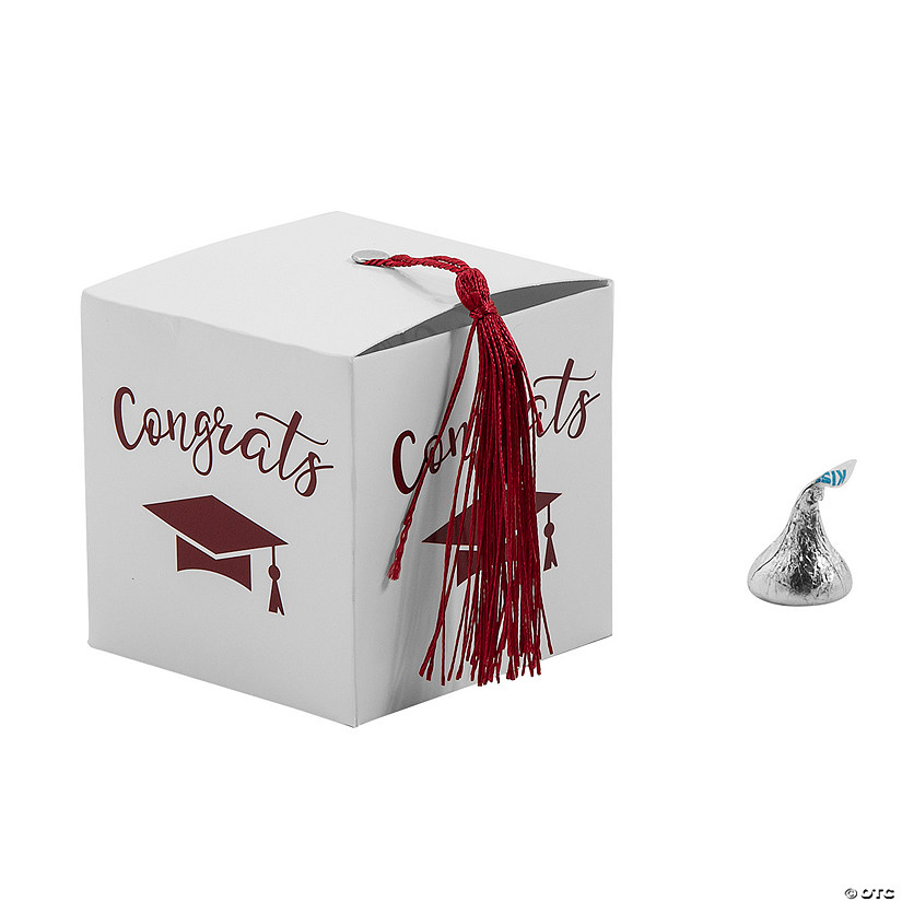 Graduation Party White Favor Boxes with Burgundy Tassel - 25 Pc. Image