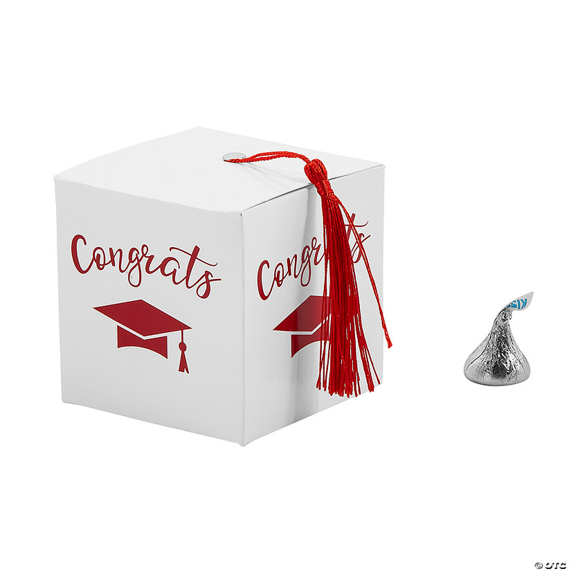 Graduation Party White Favor Boxes with Red Tassel - 25 Pc. Image