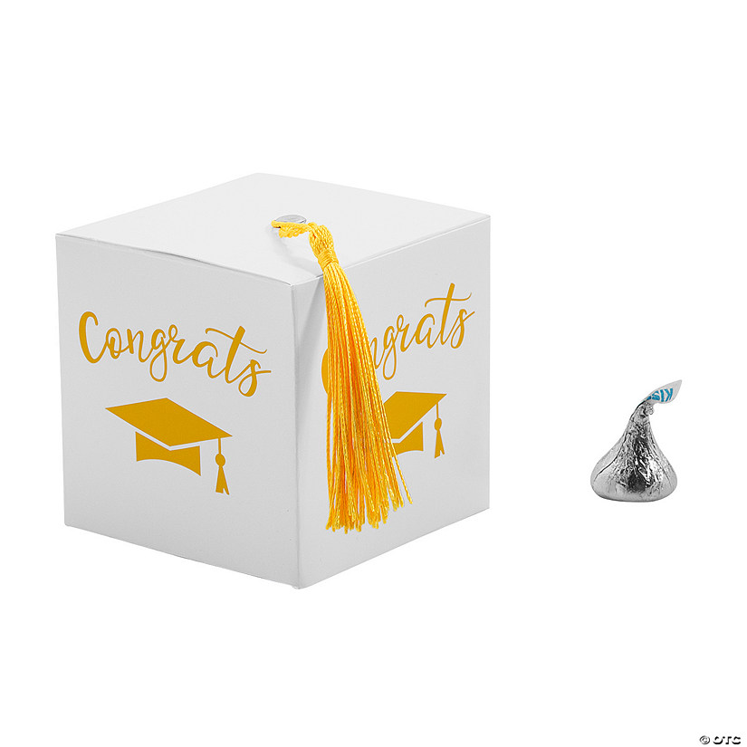 Graduation Party White Favor Boxes with Yellow Tassel - 25 Pc. Image