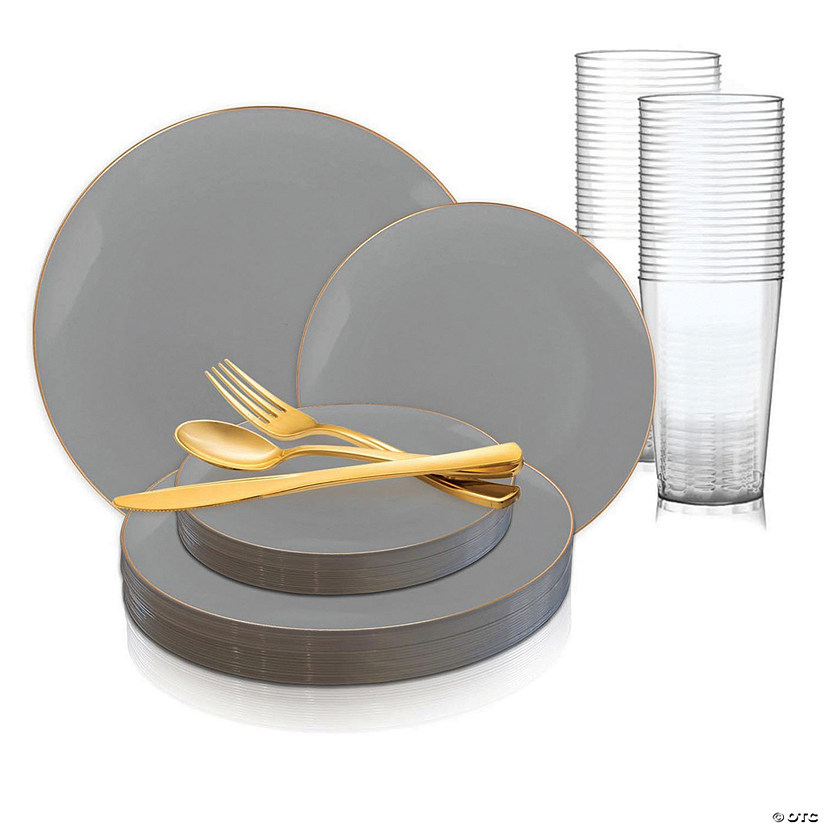 Gray with Gold Organic Round Disposable Plastic Dinnerware Value Set (60 Settings) Image