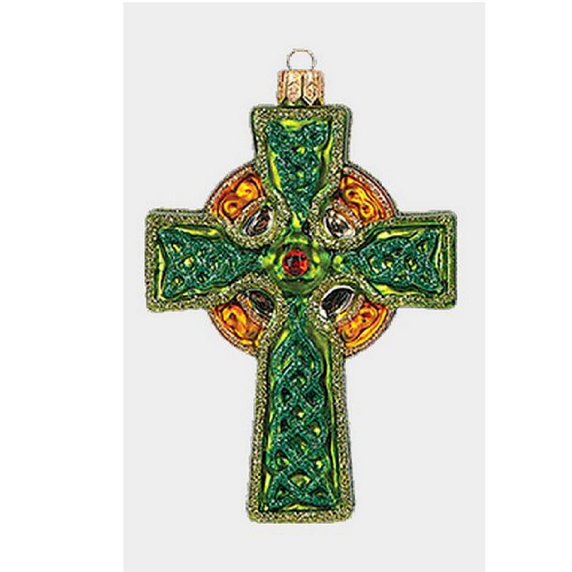 Green and Gold Celtic Cross Polish Glass Christmas Ornament Irish Decoration Image