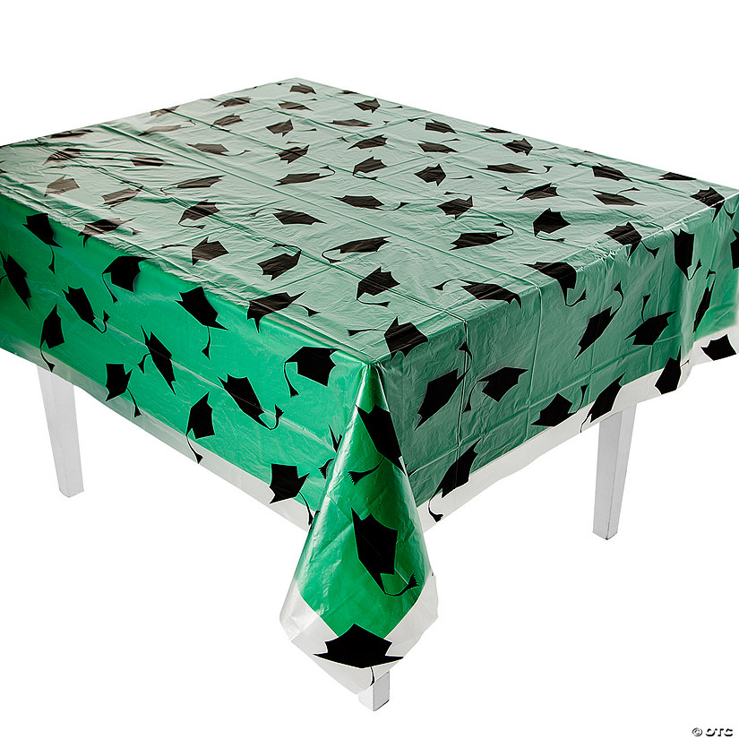Green Graduation Cap Disposable Plastic Tablecloth Kit - 2 Pc. Image