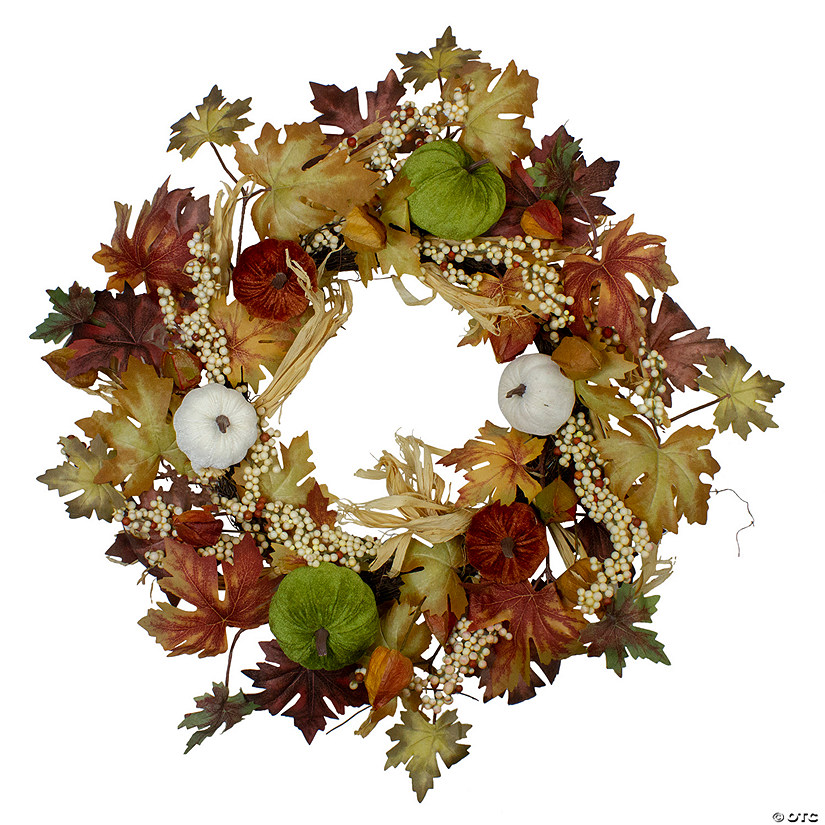 Green Pumpkins and Straw Artificial Fall Harvest Wreath - 24 inch  Unlit Image