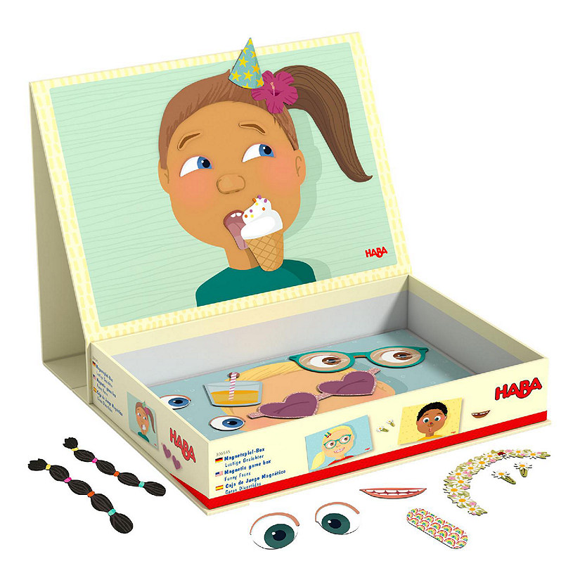 HABA Magnetic Game Box Funny Faces - 3 Basic Faces to Decorate with 96 Magnetic Pieces in Travel Carrying Case Image