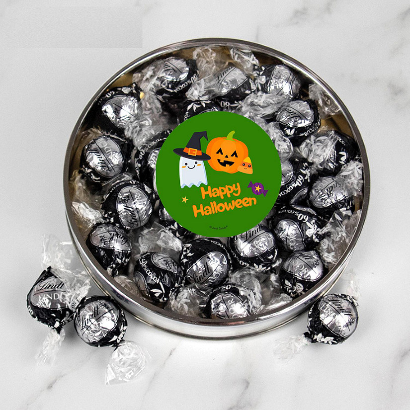 Halloween Candy Gift Tin with Chocolate Lindor Truffles by Lindt Large Plastic Tin with Sticker By Just Candy - Cuties Image