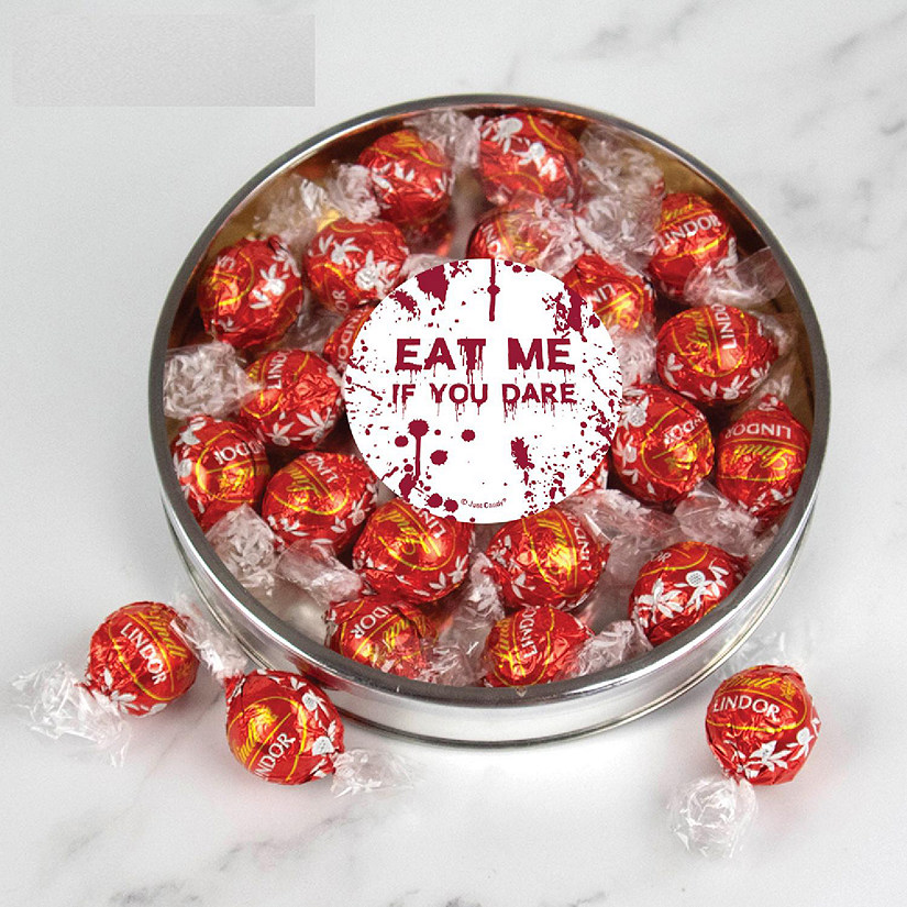 Halloween Candy Gift Tin with Chocolate Lindor Truffles by Lindt Large Plastic Tin with Sticker By Just Candy - Red Image