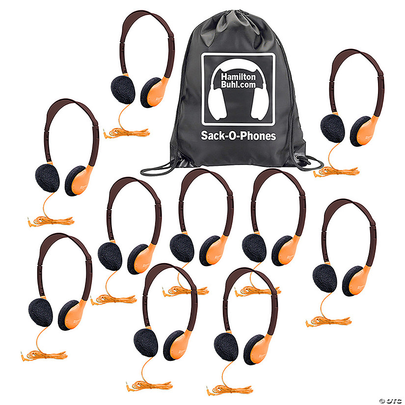HamiltonBuhl Sack-O-Phones, 10 Personal Headphones in a Carry Bag, Orange Image