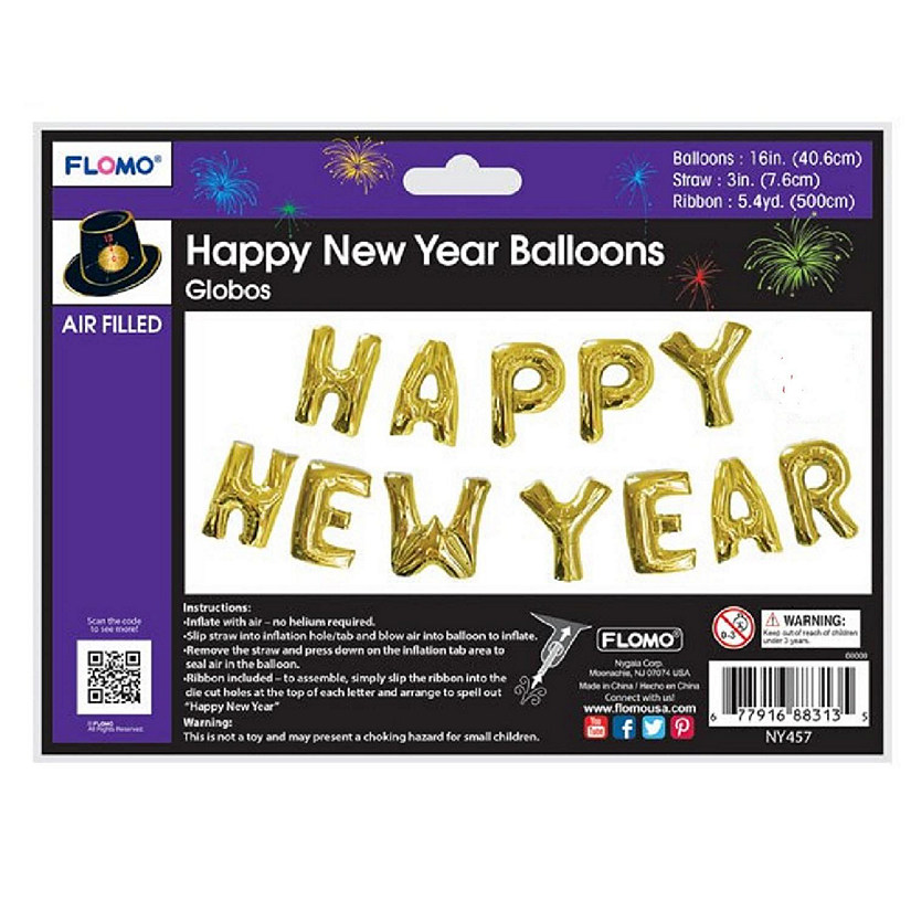 Happy New Year Balloons Gold 16 Inches Long Image