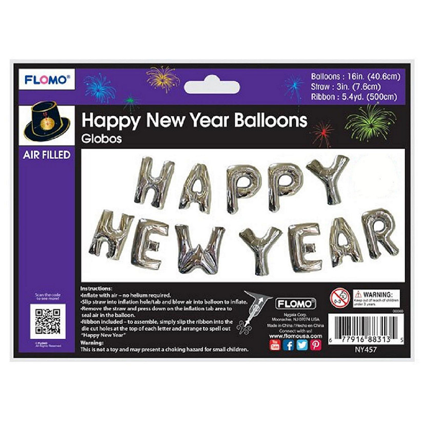 Happy New Year Balloons Silver 16 Inches Long Image