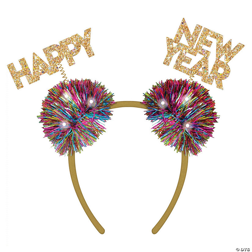 Happy New Year Headband with Colorful Flashing Pom-Pom Head Boppers Image