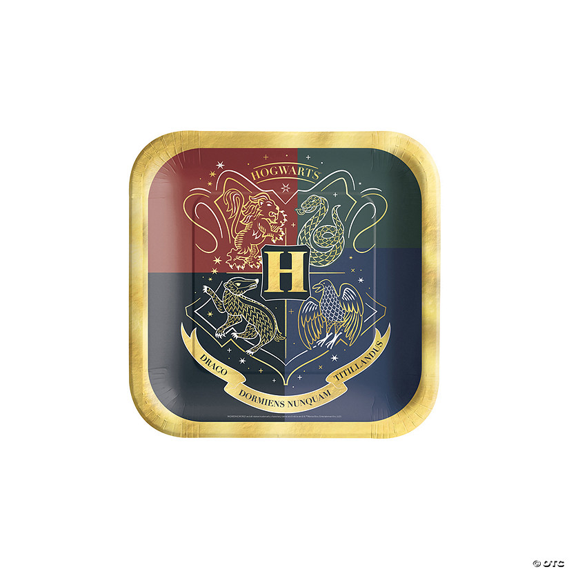 Harry Potter&#8482; Hogwarts United Square Paper Dessert Plates with Metallic Gold Trim - 8 Ct. Image