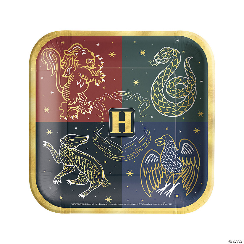 Harry Potter&#8482; Hogwarts United Square Paper Dinner Plates with Metallic Gold Trim - 8 Ct. Image