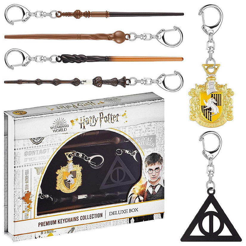 Harry Potter Wand Keychain 6pk Hufflepuff Crest Deathly Hallows Remus Neville Set PMI International Image