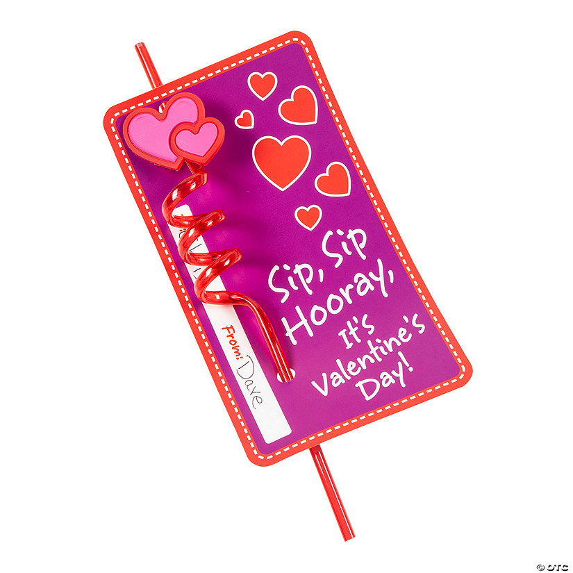 Heart BPA-Free Plastic Straw Valentine Exchanges with Card for 12 Image