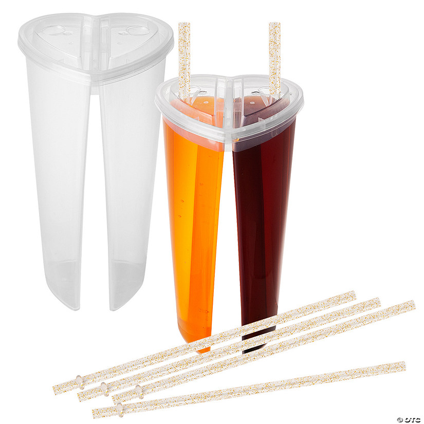Heart-Shaped Two-Sided Plastic Cups with Lids & Straws - 36 Pc. Image
