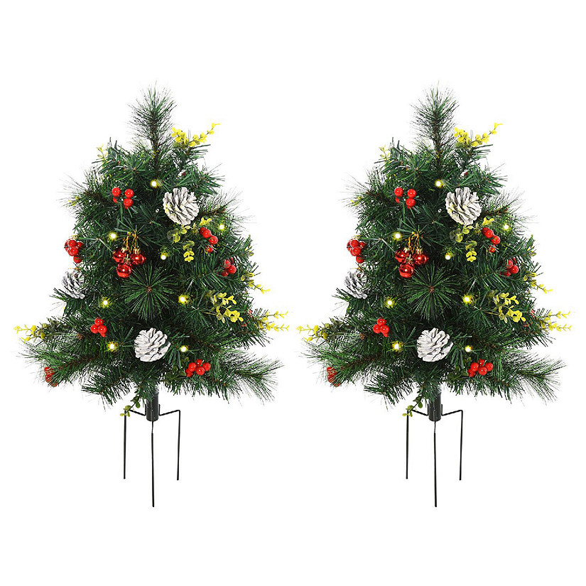 HOMCOM 22in Christmas Tree 2 Pack Outdoor Pre Lit Artificial Pine Cordless 24 Warm White Lights and Stakes Image