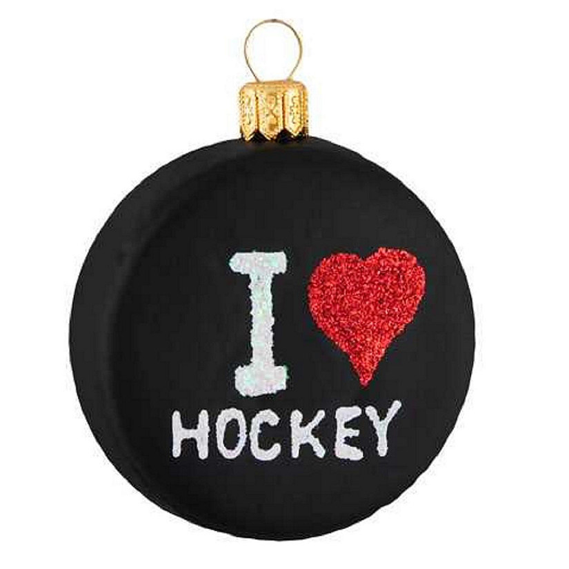 I Love Hockey Puck Polish Glass Christmas Tree Ornament Sports Decoration Image