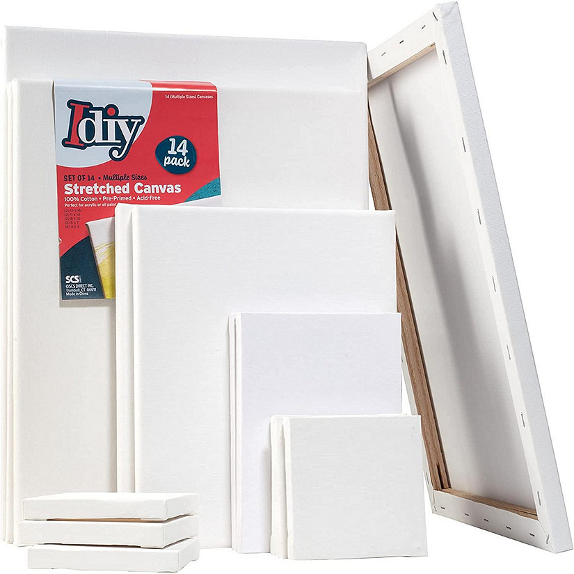 iDIY Stretched Canvas Board Multi Pack (Set of 14) - Sizes 4 x 4-12 x 16, 5/8" Variety Pack - Classic White Blank, Pre Primed for Oils or Acrylics, 100% Cotton, Image
