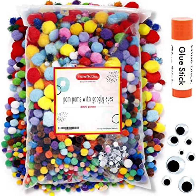 Incraftables 2000 Pcs Pom Poms w/ Googly Eyes Glue Stick Colored & Glitter Cotton Balls for DIY Craft, Hats & Decorations Multicolor Puffy Image