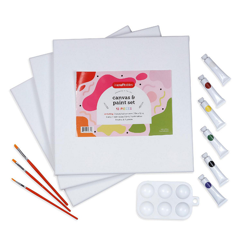 Incraftables Canvas and Paint Set for Adults. Acrylic Painting Kit with 3 Canvases 3 Brushes 6 Acrylic Colors Palette Painting Kit for Kids Image