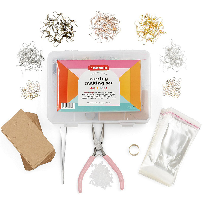Incraftables Earring Making Kit 5 Colors DIY Supplies w/ Earring Hooks Backs Display Cards Bags Nose Pliers Ring Opener Tweezers Image