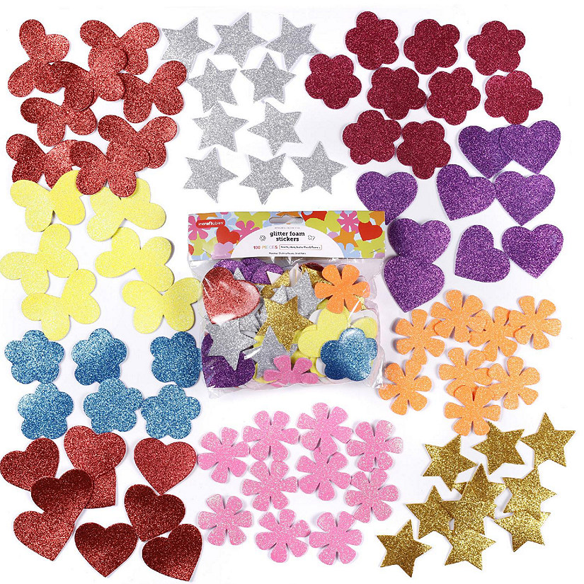 Incraftables Glitter Foam Stickers for Kids Self Adhesive 100pcs Assorted Flower Heart Star Glitter Butterfly Sparkly for Arts Crafts Adults Image