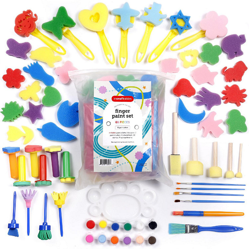 Incraftables Kid Paint Set Non Toxic Finger Paint w/ Apron, Palette, Brushes, Textured Tools, Stamps & Sponge Brushes. Washable Paint Image