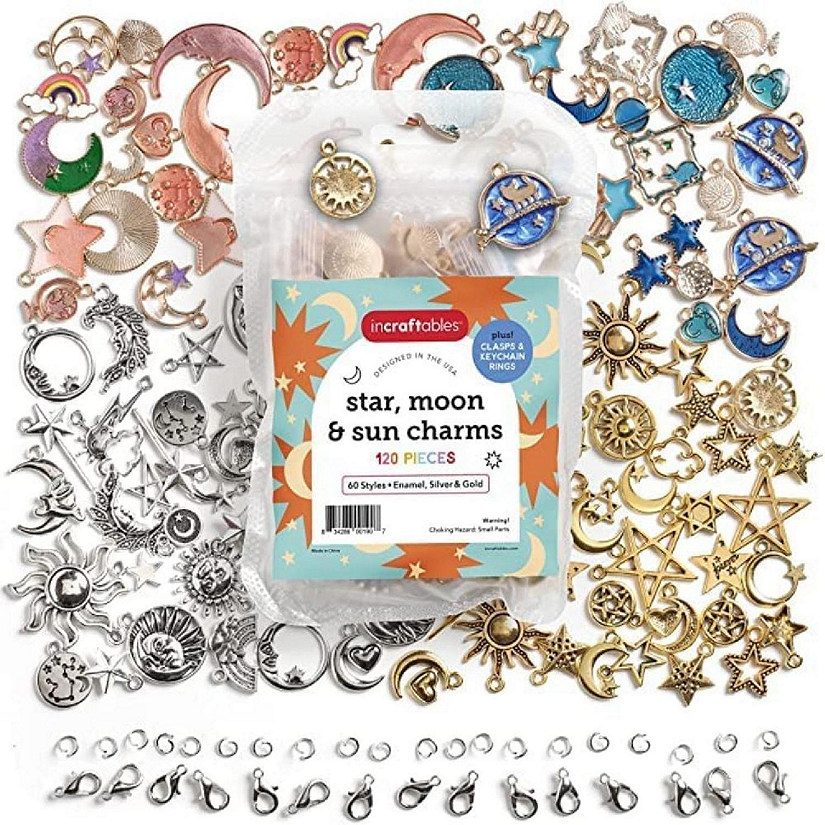 Incraftables Sun, Moon Star Charms Pendants for DIY Bracelets Jewelry Keychain Necklace. Assorted Enamel, Gold Silver 120pcs(60 styles) Image