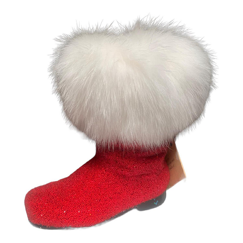 Ino Schaller Red Beaded Santa Boot with Fur Edge German Paper Mache 5 Inch Image