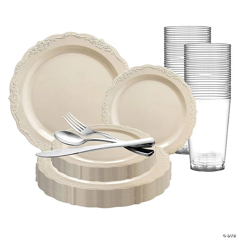 Ivory Vintage Round Disposable Plastic Dinnerware Value Set (120 Settings) Image