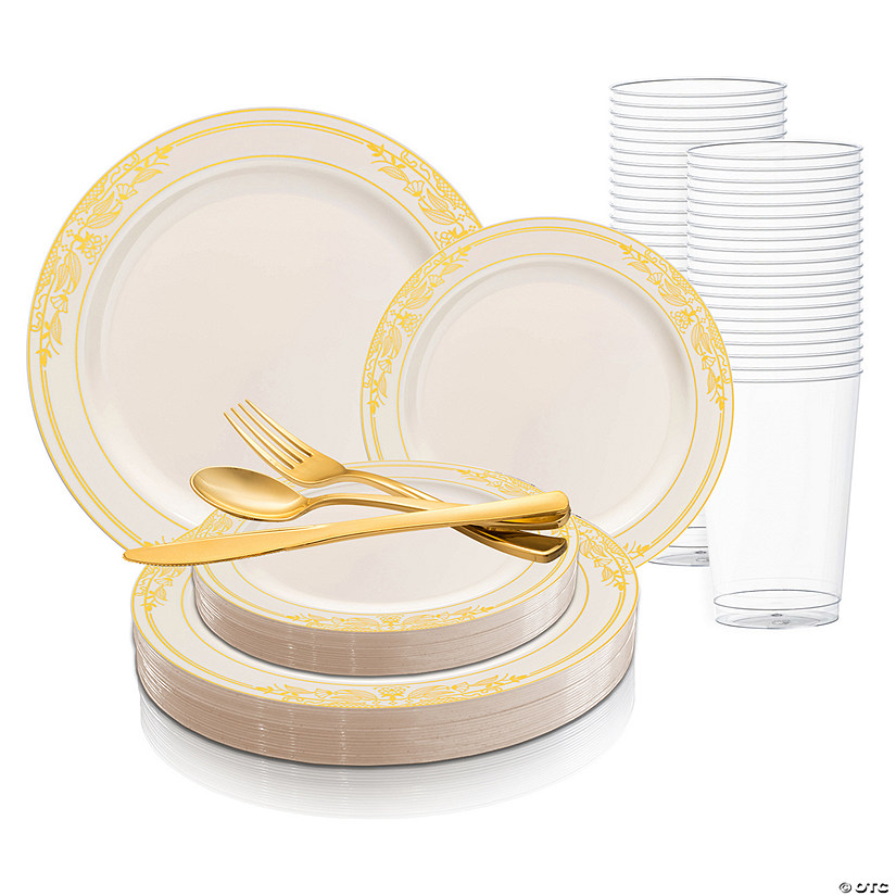 Ivory with Gold Harmony Rim Plastic Dinnerware Value Set (20 Settings) Image
