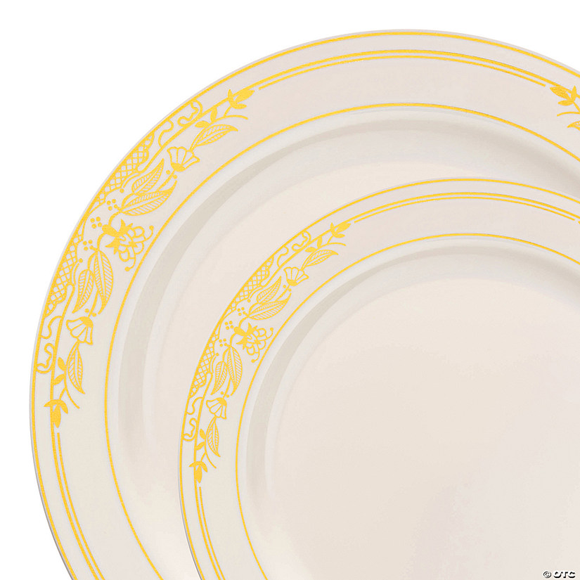 Ivory with Gold Harmony Rim Plastic Dinnerware Value Set (40 Dinner Plates + 40 Salad Plates) Image