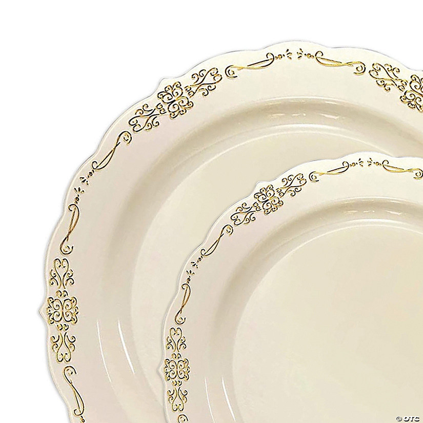 Ivory with Gold Vintage Rim Round Disposable Plastic Dinnerware Value Set (120 Dinner Plates + 120 Salad Plates) Image