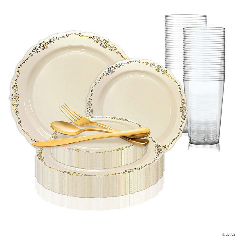 Ivory with Gold Vintage Rim Round Disposable Plastic Dinnerware Value Set (60 Settings) Image