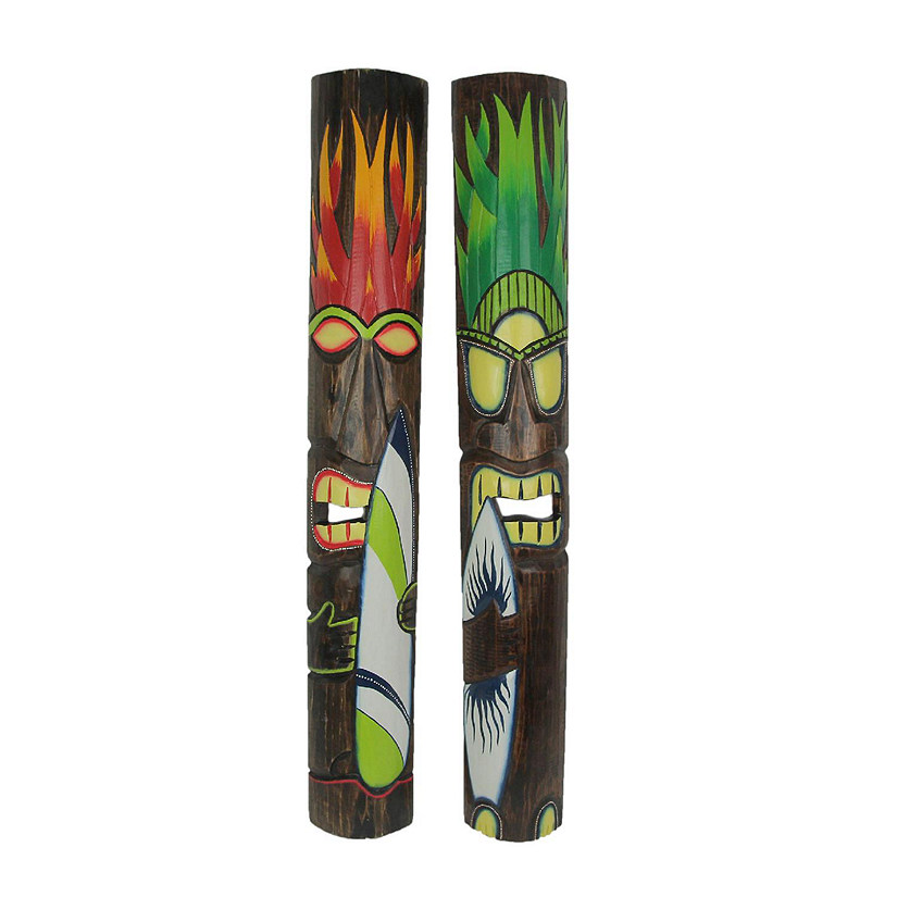 J.D. Yeatts Elemental Fire and Earth Hand Crafted Wooden Surfer Tiki Wall Masks 39 Inch Set of 2 Image