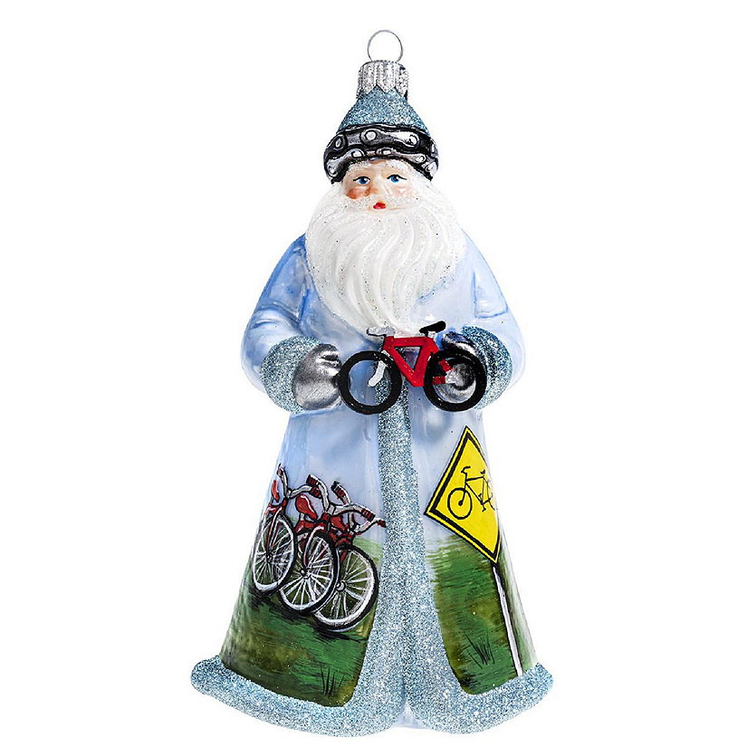 Joy to the World Glitterazzi Cycling Santa with Bicycle Polish Glass Ornament Image