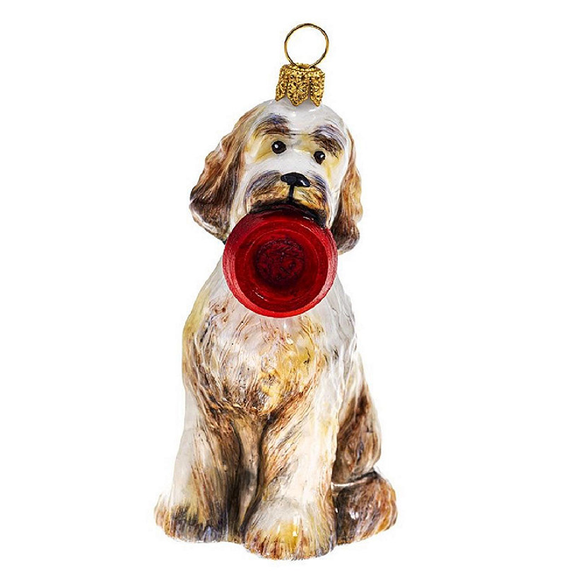 Joy to the World Goldendoodle with Dog Dish Black Collar Polish Glass Ornament Image