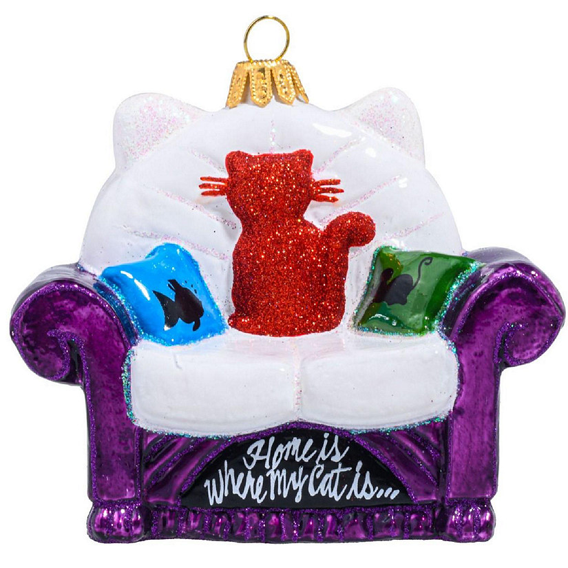 Joy to the World Home is Where My Cat Is Couch Polish Glass Tree Ornament Image
