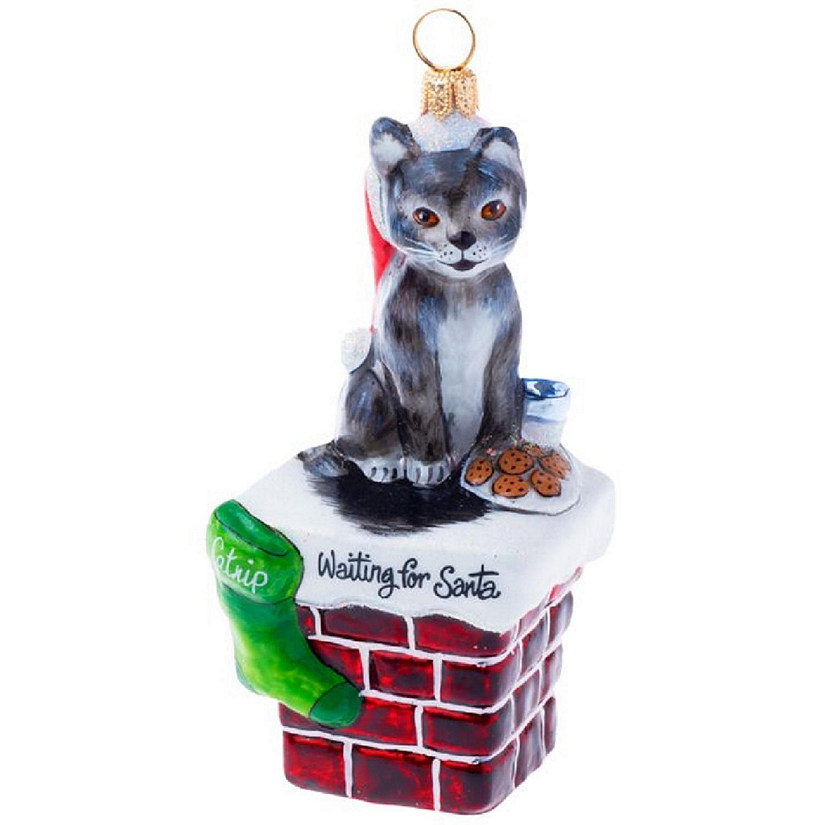 Joy To The World Waiting for Santa Cat Version 3D Polish Glass Ornament Image