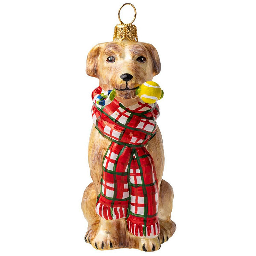 Joy to the World Yellow Lab with Bushy Scarf and Chew Toy Polish Glass Ornament Image