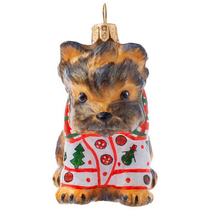 Joy To The World Yorkshire Terrier in Tartan Plaid Christmas Pajamas Ornament Image