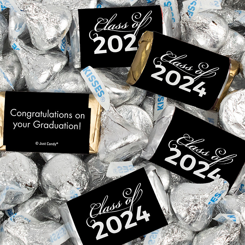 Just Candy 1.5 lbs Black Graduation Candy Party Favors Class of 2024 Hershey's Miniatures & Silver Kisses (approx. 116 Pcs) Image