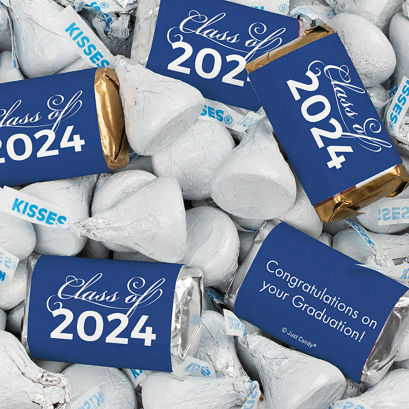 Just Candy 1.5 lbs Blue Graduation Candy Party Favors Class of 2024 Hershey's Miniatures & Blue Kisses (approx. 116 Pcs) Image