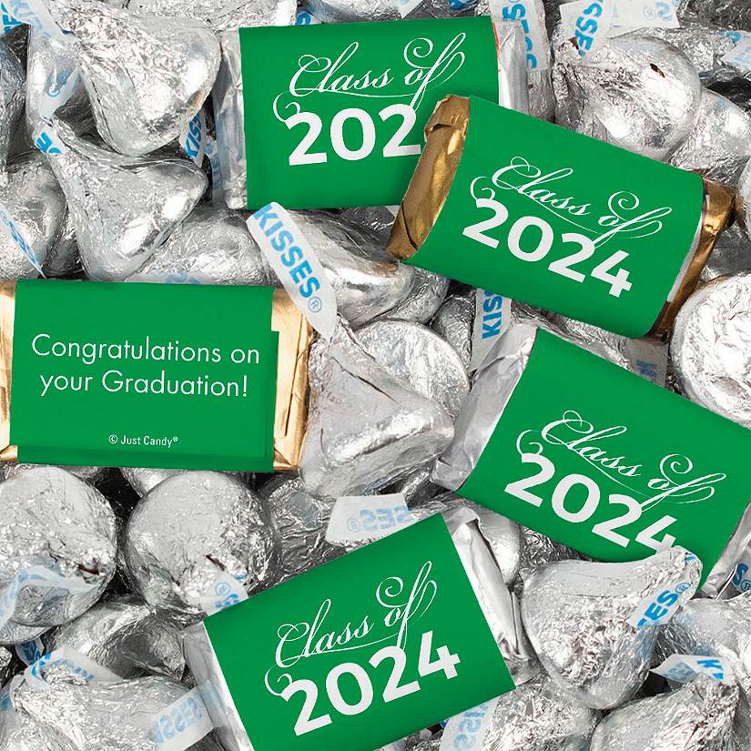 Just Candy 1.5 lbs Green Graduation Candy Party Favors Class of 2024 Hershey's Miniatures & Silver Kisses (approx. 116 Pcs) Image