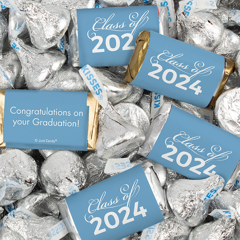 Just Candy 1.5 lbs Light Blue Graduation Candy Party Favors Class of 2024 Hershey's Miniatures & Light Blue Kisses (approx. 116 Pcs) Image