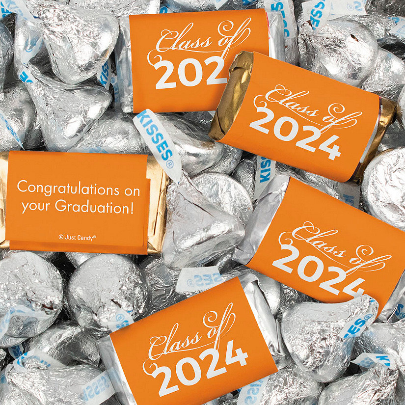 Just Candy 1.5 lbs Orange Graduation Candy Party Favors Class of 2024 Hershey's Miniatures & Silver Kisses (approx. 116 Pcs) Image