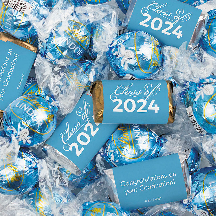 Just Candy 77 Pcs Light Blue Graduation Candy Party Favors Class of 2024 Hershey's Miniatures & Truffles Image