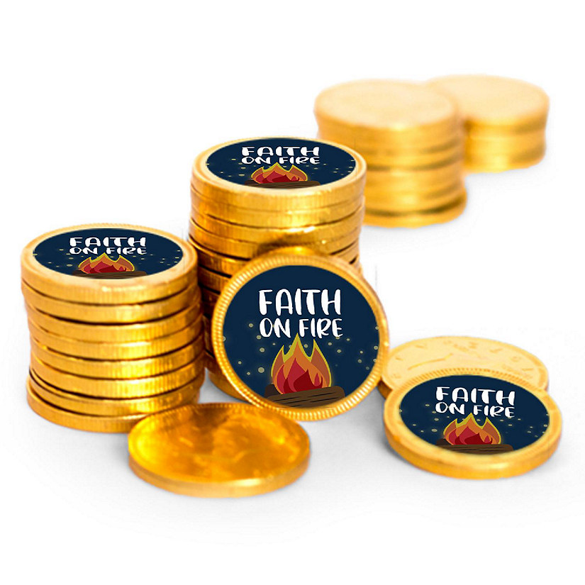 Just Candy 84ct Vacation Bible School Candy Religious Party Favors Chocolate Coins Faith on Fire (84 Count) - Gold Foil Image