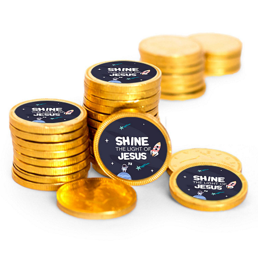 Just Candy Space Themed Vacation Bible School Candy Chocolate Coins (84 Count) - Gold Foil Image