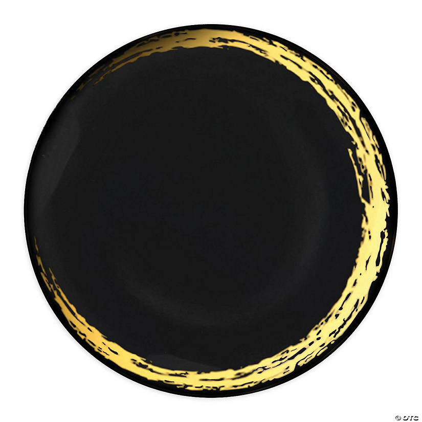Kaya Collection 10.25" Black with Gold Moonlight Round Disposable Plastic Dinner Plates (120 Plates) Image